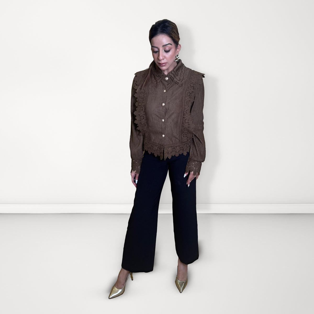 Lace Panel Pleated Shirt - Brown Pattern 1