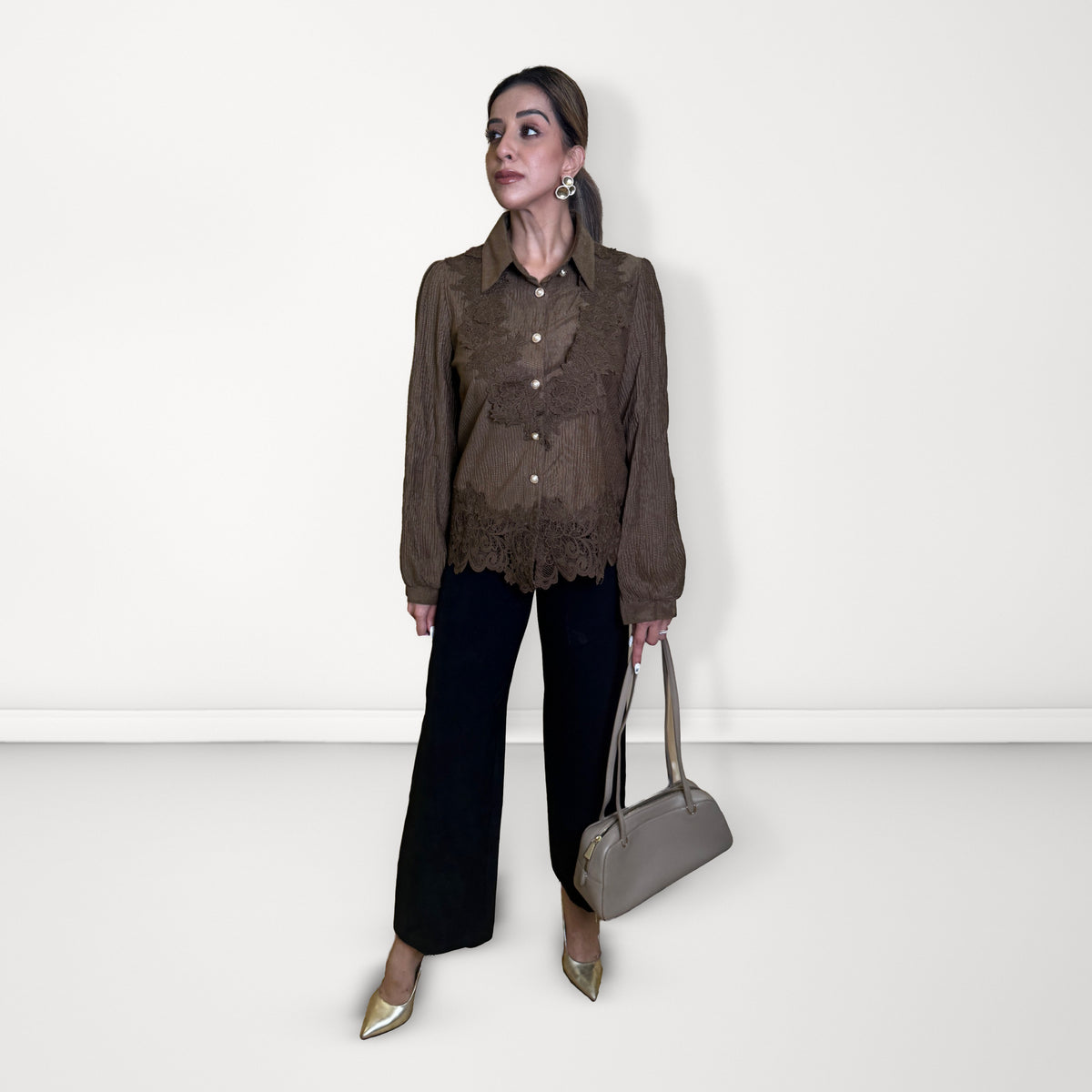 Lace Panel Pleated Shirt - Brown Pattern 2