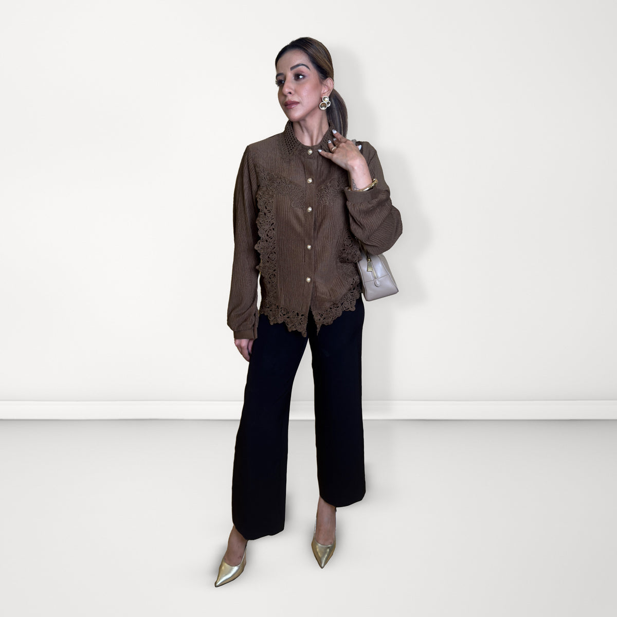 Lace Panel Pleated Shirt - Brown Pattern 3