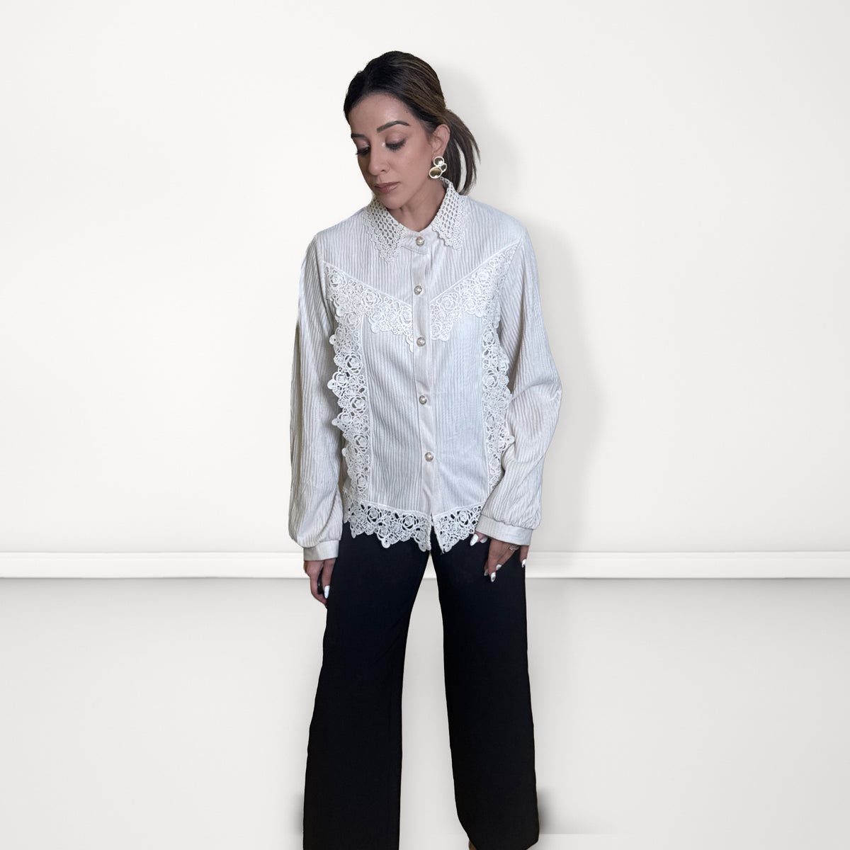 Lace Panel Pleated Shirt - Cream