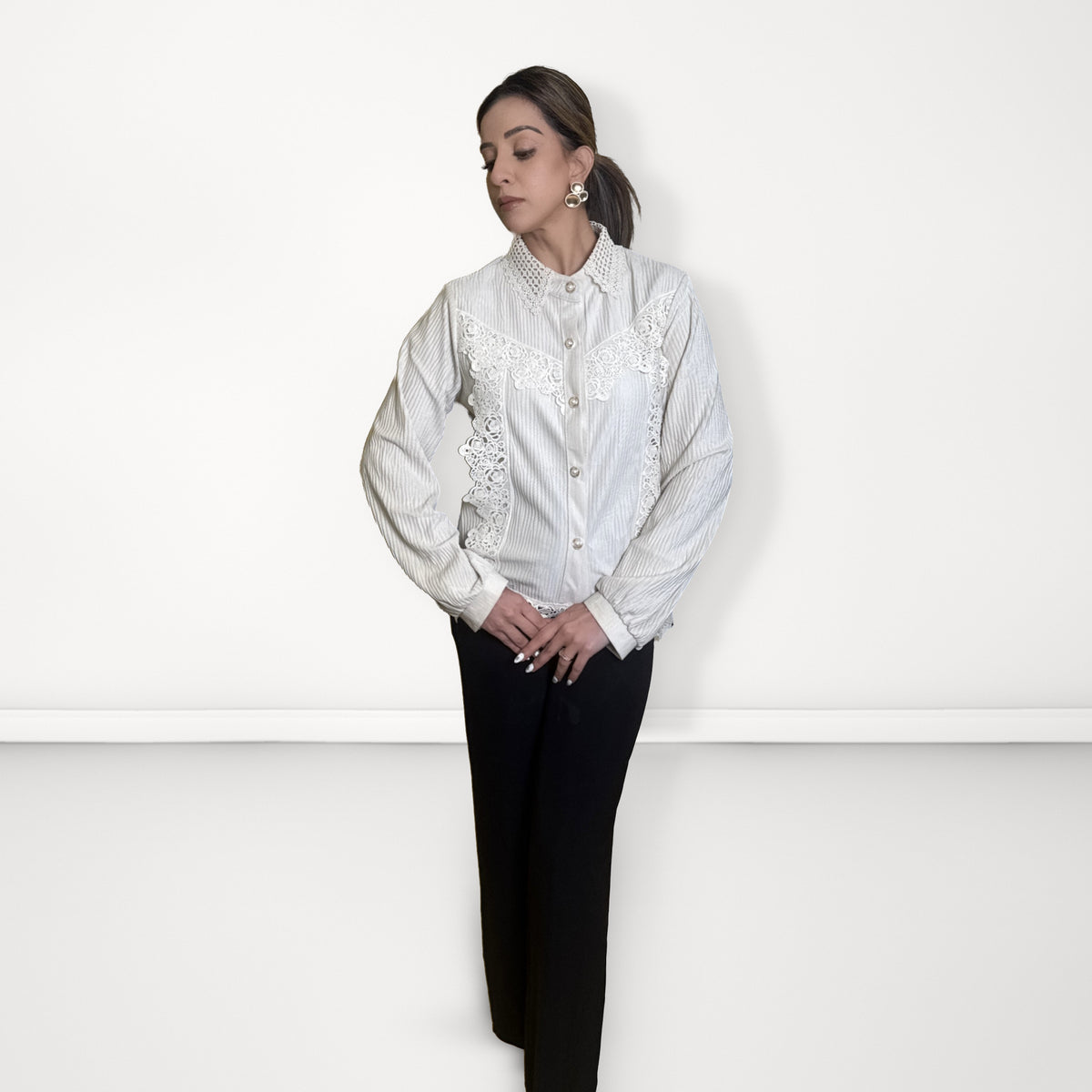 Lace Panel Pleated Shirt - Cream