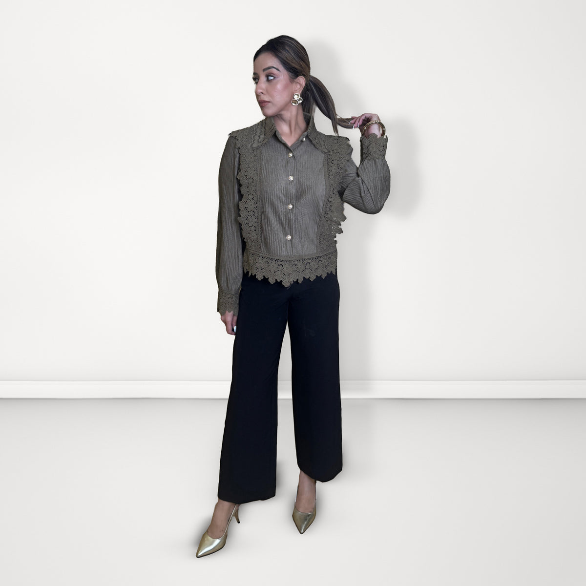 Lace Panel Pleated Shirt - Olive Green