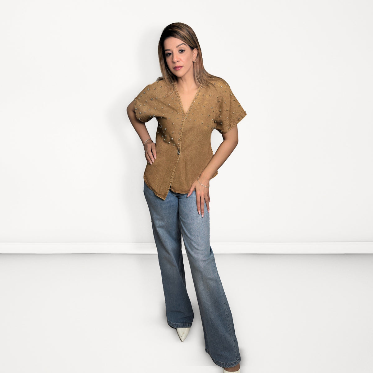 Studded Denim Wrap Top - Brown