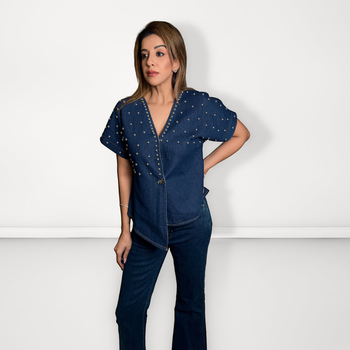 Studded Denim Wrap Top - Dark Blue