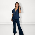 Studded Denim Wrap Top - Dark Blue