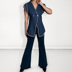 Pearl-Outline Denim Wrap Top - Dark Blue