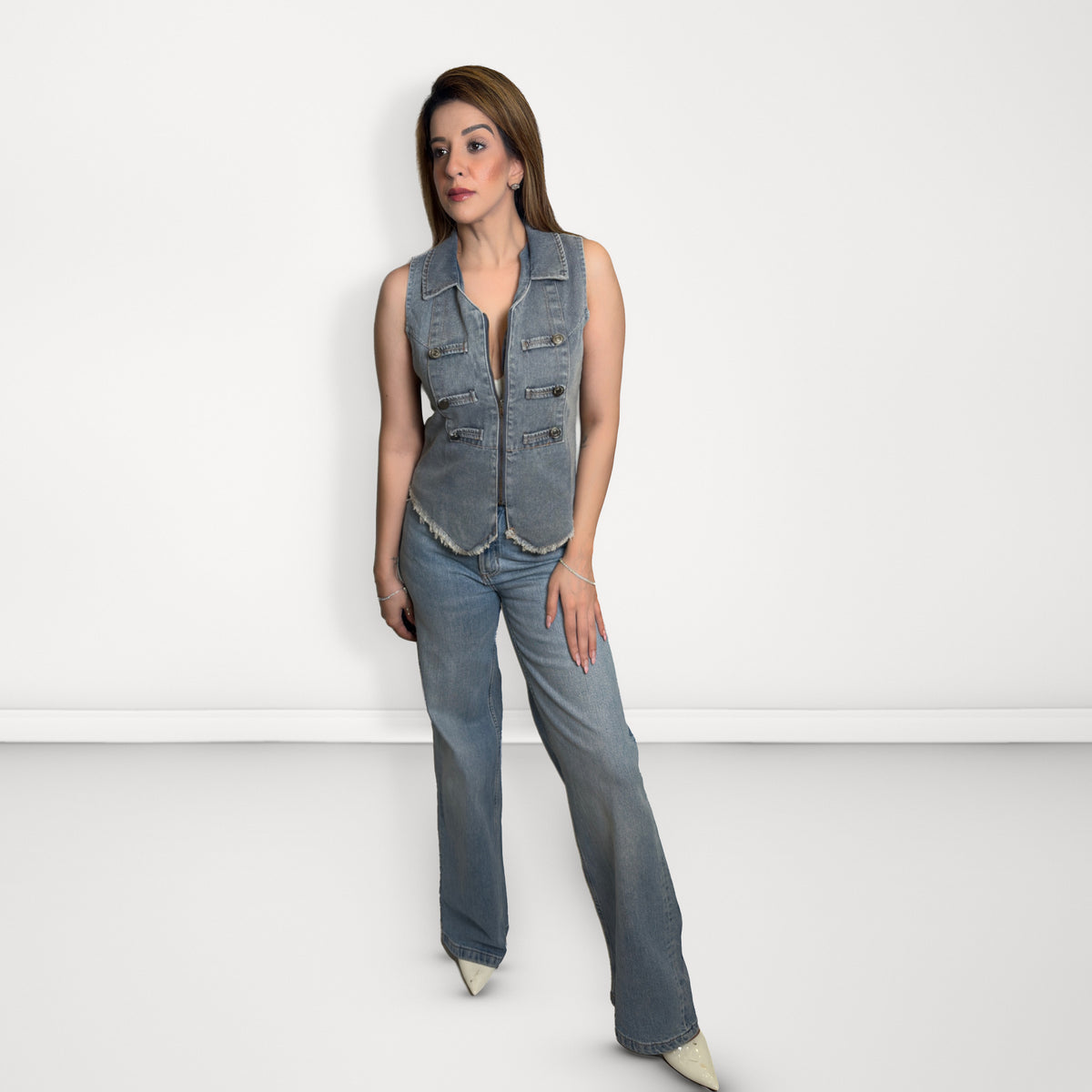 Denim Zip-Front Frayed Vest - Light Blue