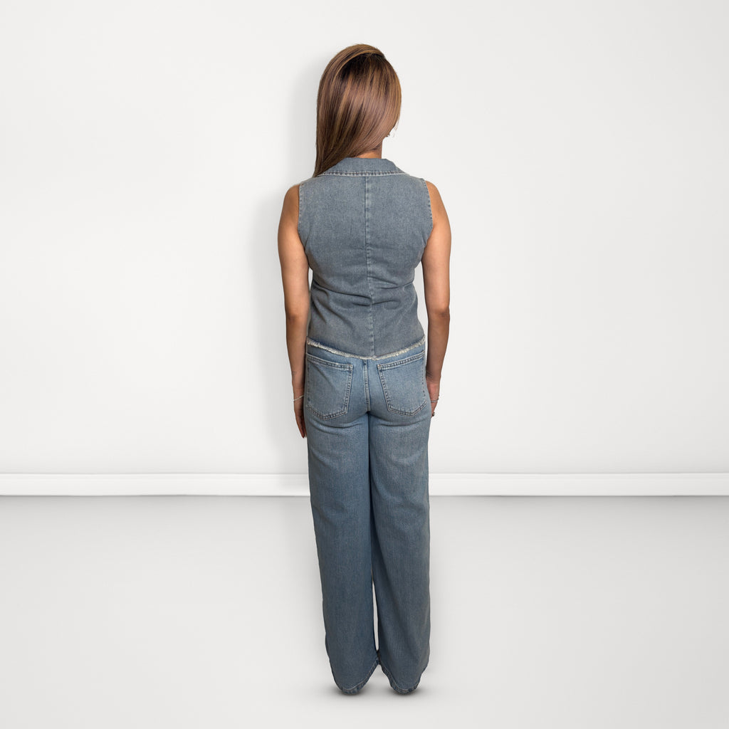 Denim Zip-Front Frayed Vest - Light Blue