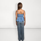 Denim Peplum Top with Scarf - Light Blue