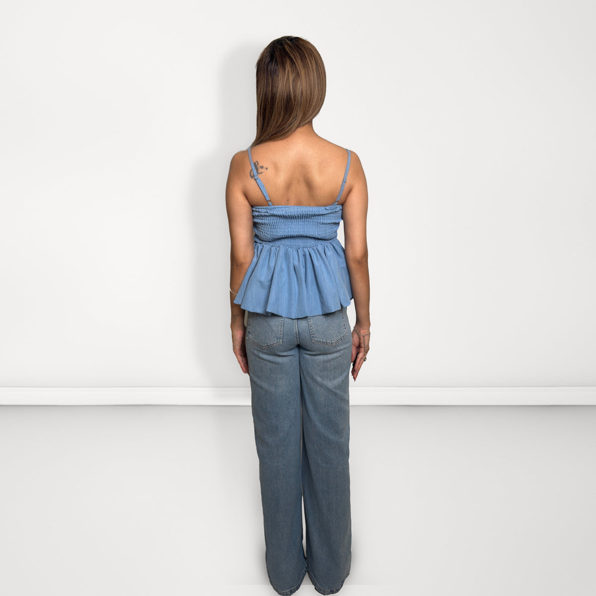 Denim Peplum Top with Scarf - Light Blue
