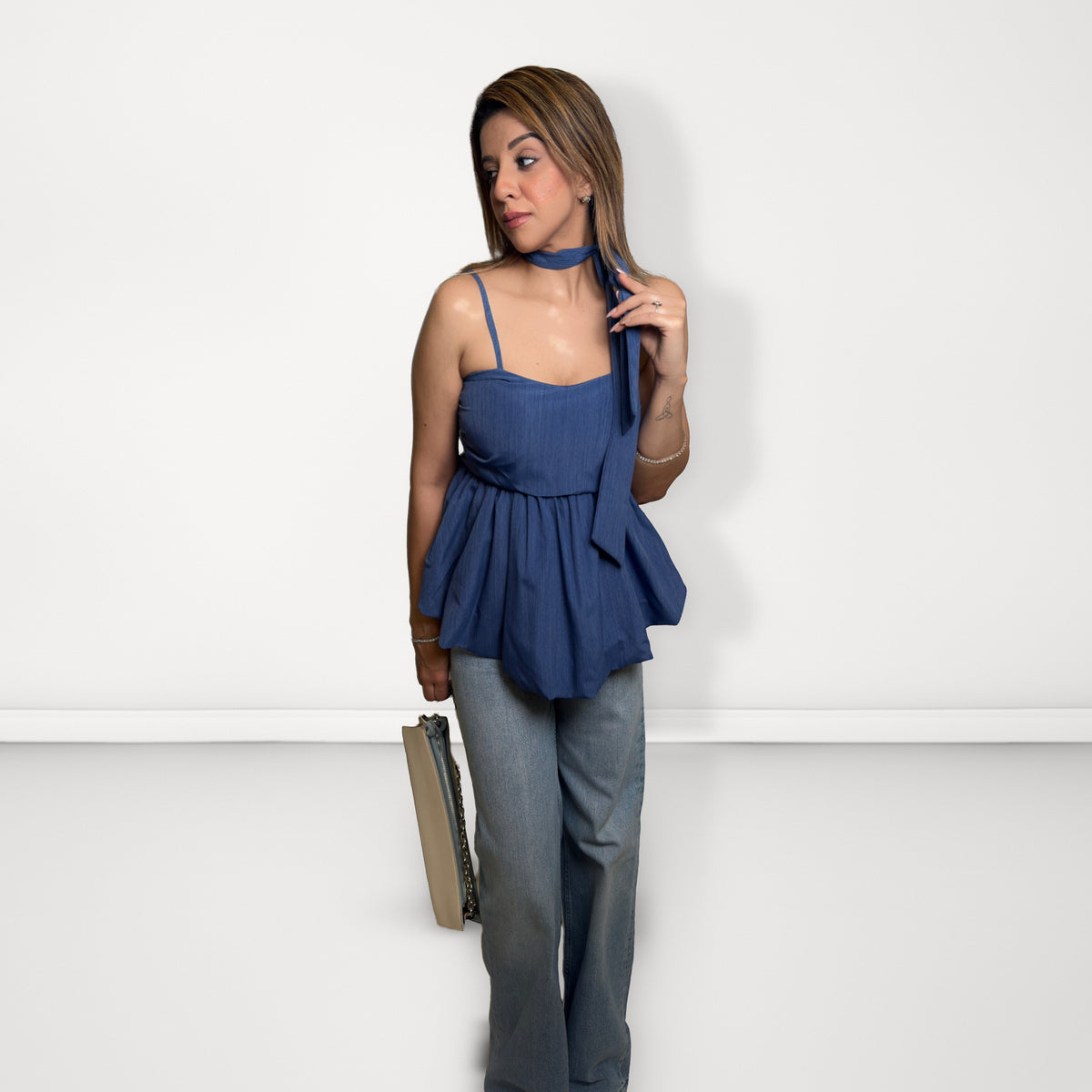 Denim Peplum Top with Scarf - Medium Blue