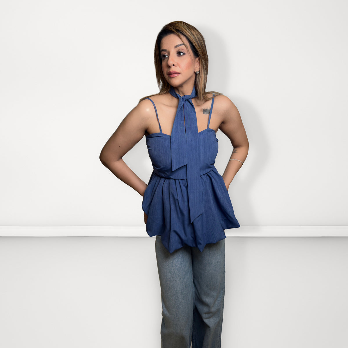 Denim Peplum Top with Scarf - Medium Blue