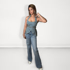 Studded Denim Halter Peplum Top - Light Blue
