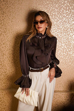 Ruffle Pearl-Detail Satin Top - Brown