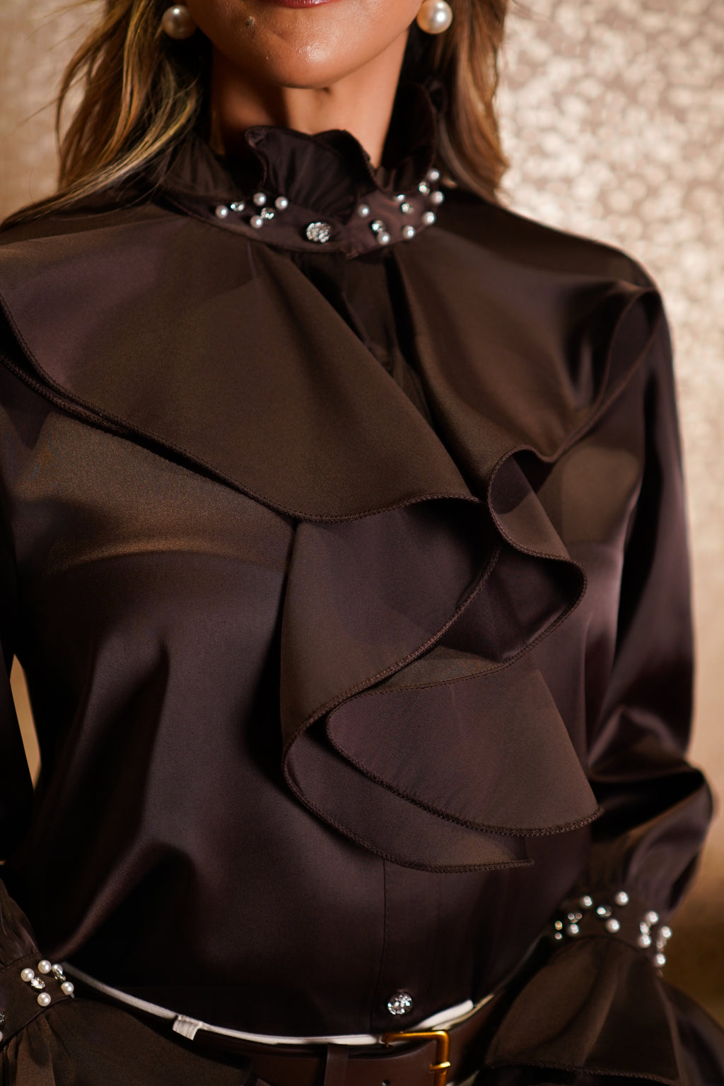 Ruffle Pearl-Detail Satin Top - Brown