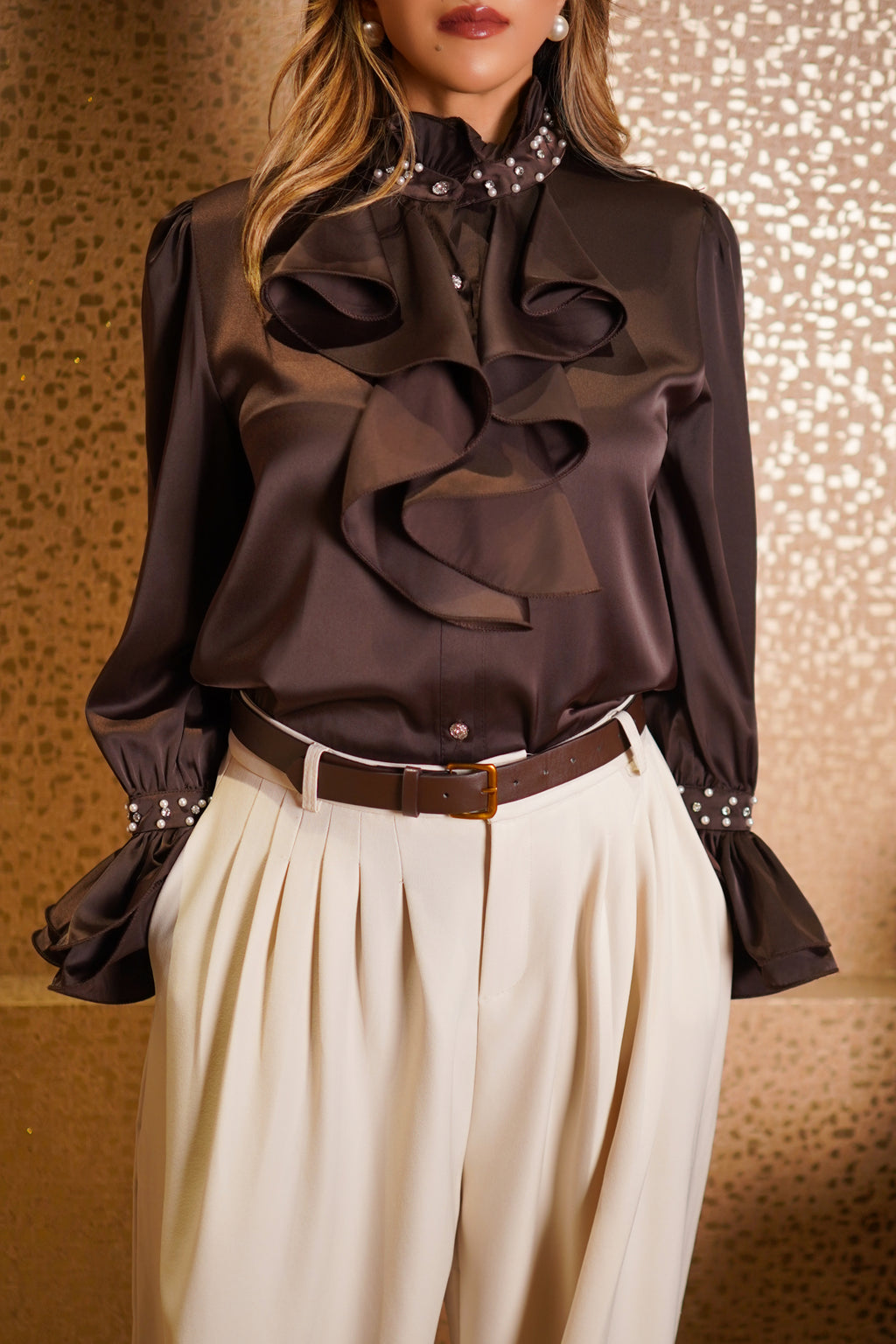 Ruffle Pearl-Detail Satin Top - Brown