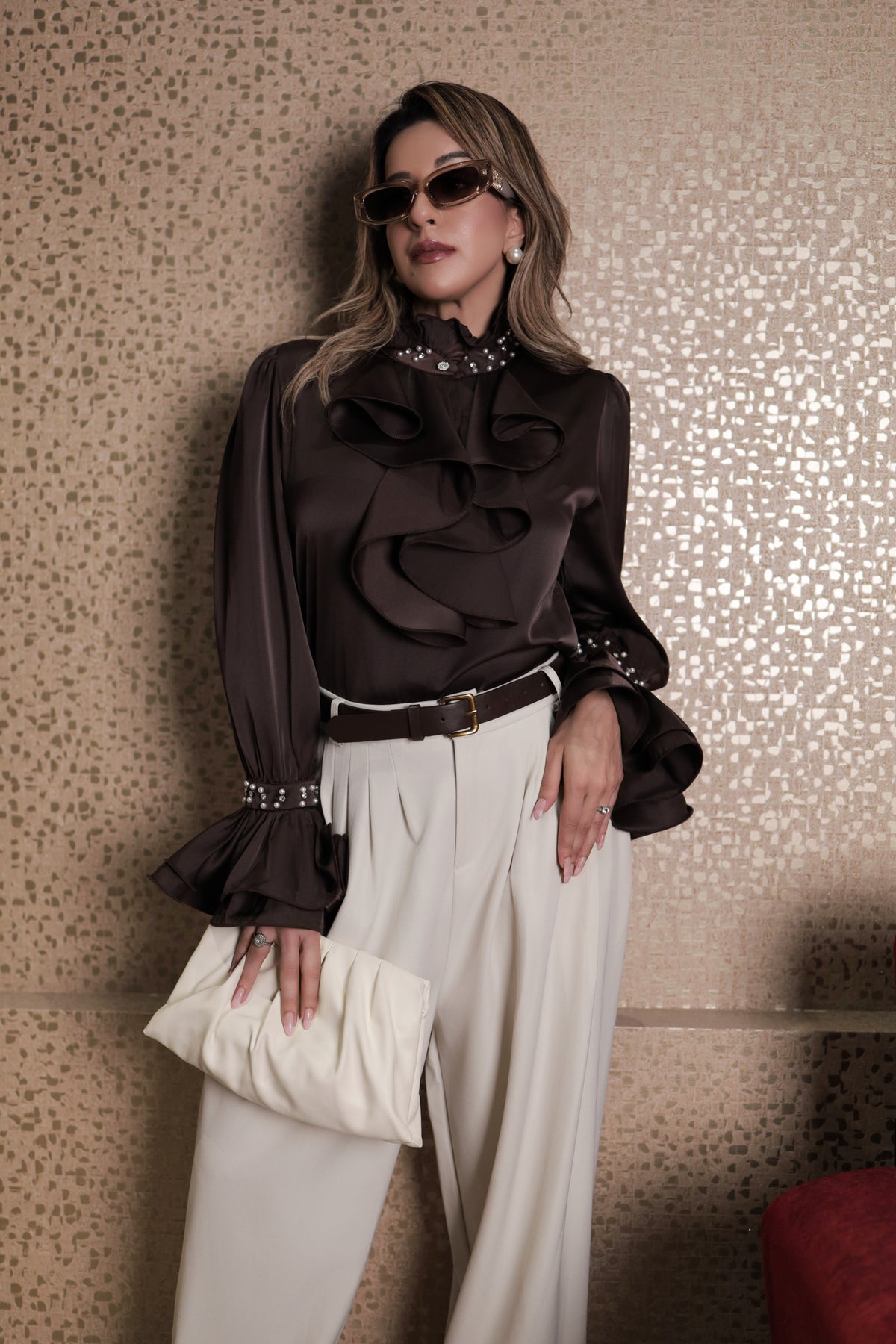 Ruffle Pearl-Detail Satin Top - Brown
