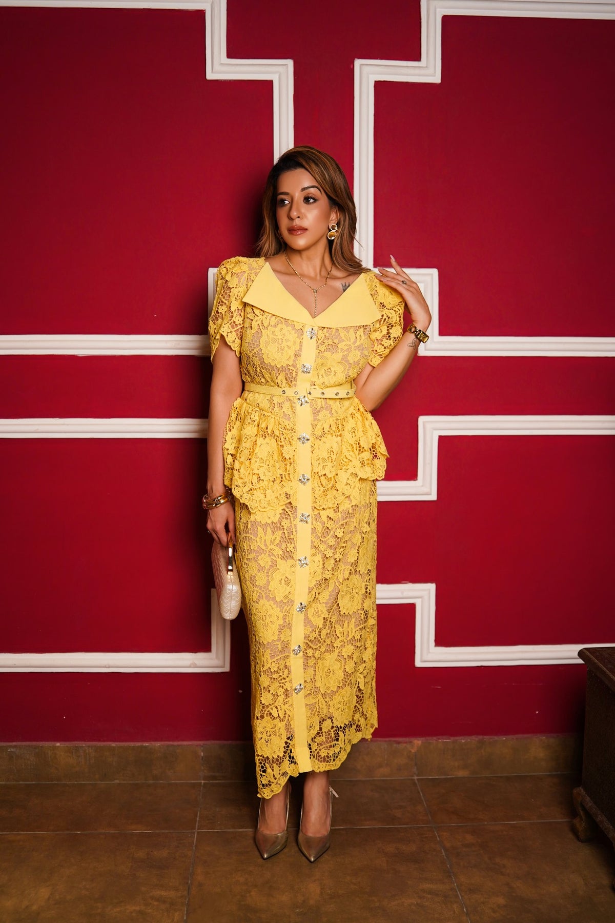 Floral Lace Peplum Belted Dress - Yellow